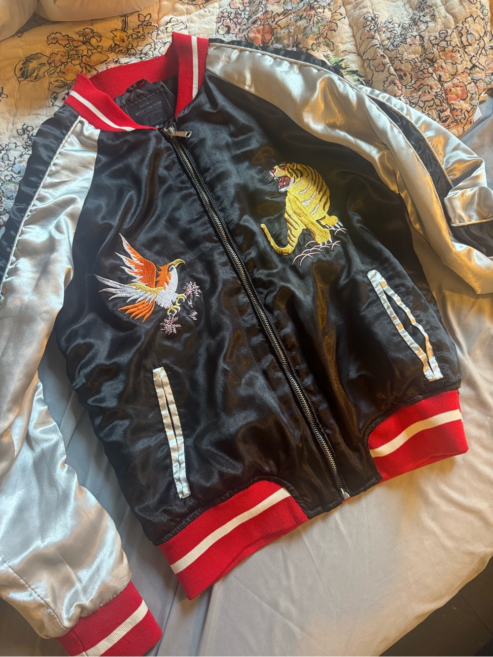 Miss London Black and Silver Satin Embroidered Bomber Jacket with Red Trim